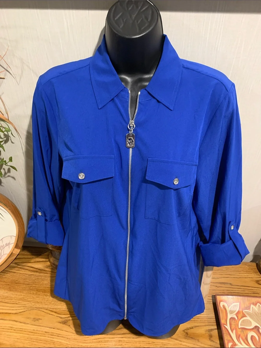 Michael Kors Royal Blue Zip-Front Button Down Shirt